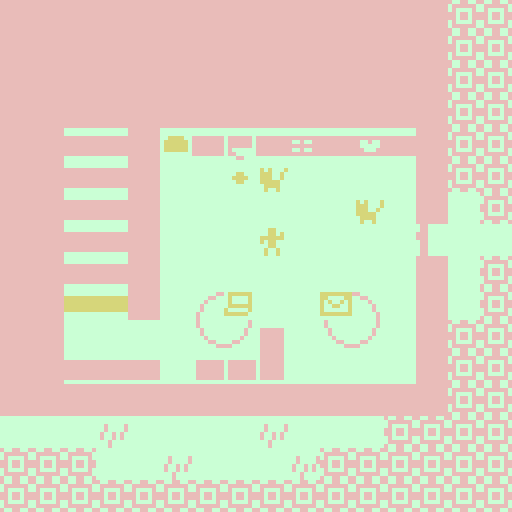 A pastel top-down view of an apartment. Inside, a person is waving her arms. There are two cats swishing their tails. A laptop and envelope sit on tables.