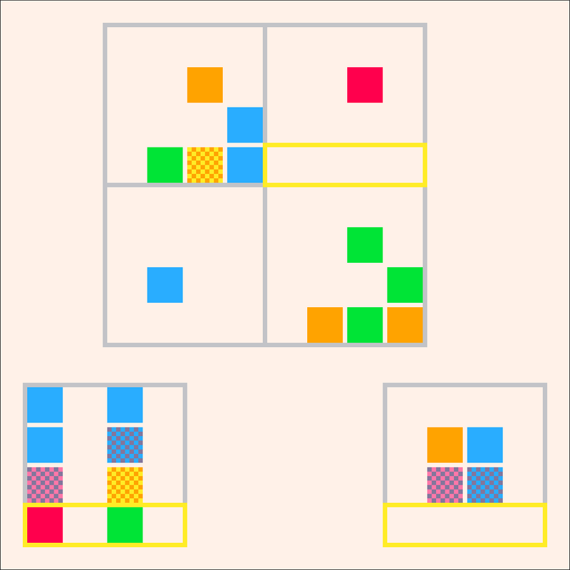 One large area split into quadrants has some randomly colored squares in the shape of two Conway's Game of Life gliders. Two separate smaller areas below have vertical bars and a square. Each area has a yellow rectangle highlighting some of the squares.