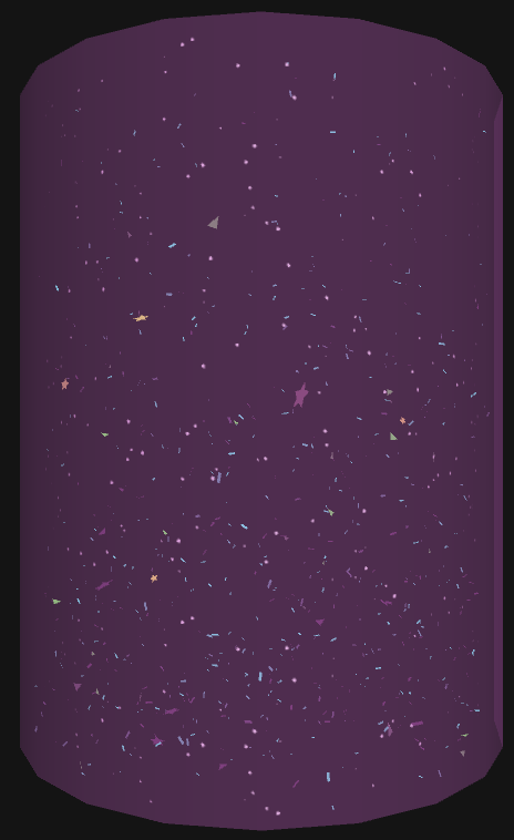 Differently-shaped flakes of glitter tumble through a haze of purple liquid. There are stars, rectangles, triangles, and tiny round specks
