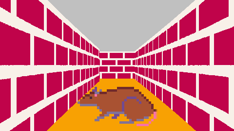 A cute, pixelated rat is standing in front of you in a hallway. The bright red brick walls shrink into the distance with perspective, until they end at a corner.