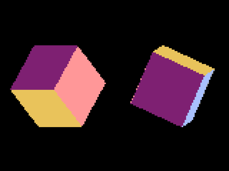 Two low-resolution cubes are floating in space at different orientations. Each face is a different color.