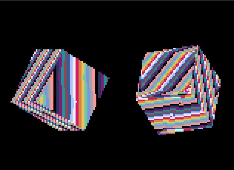 Two cubes with their faces covered in dense lines of repeating patterns of color. Faces closer to parallel with the screen have thicker lines.