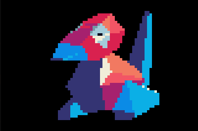 Porygon is rendered with flat lighting across each triangle: a red body, cyan accents, and dramatic dark blue shadows. The big eyes and tiny pupils stare blankly at you, but it's a little cute.