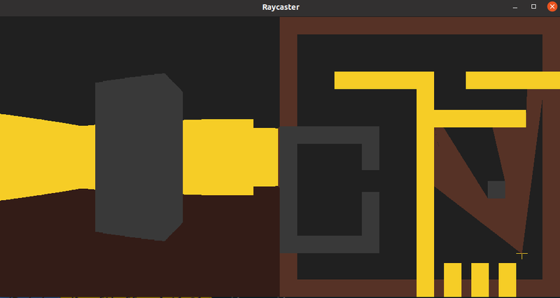 Left: A distorted raycast rendering with flat colors. A gray column looms ahead in a dark room with bright golden walls. Right: An overhead view of a larger area, with a gray square casting a dramatic shadow in a cone of brown.