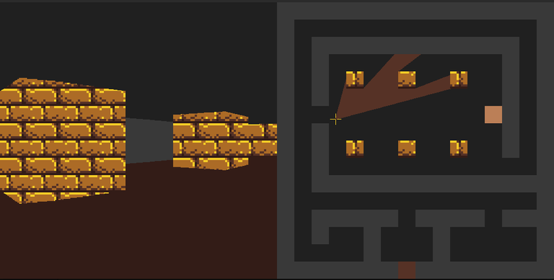 Left: A raycast rendering of a room with silhouettes of cubes that are filled in with a gold brick texture. Right: An overhead view of the same room, with a cone of brown stopping at little golden squares, or the wall behind.
