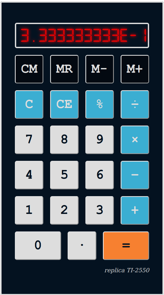 A basic non-scientific calculator layout. The digital display has an old-fashioned calculator font in glowing red. Below is text saying replica TI-2550.