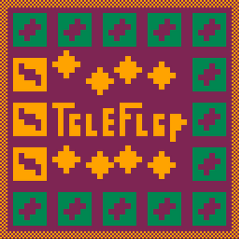 A title screen saying 'Tile Flip'. Little stars hover above and below the text. Green and yellow squares with abstract designs border the text. Everything is low-resolution and highly saturated.